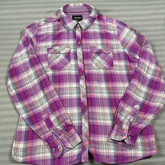 Marmot Shirt Womens XL Purple Pink Plaid Long Sleeve Button Down Hiking Nylon - Picture 1 of 11